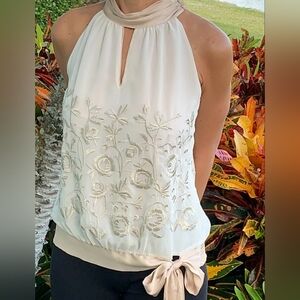 White House Black Market Cream Floral Embroidered Blouse With Satin Top & Bottom